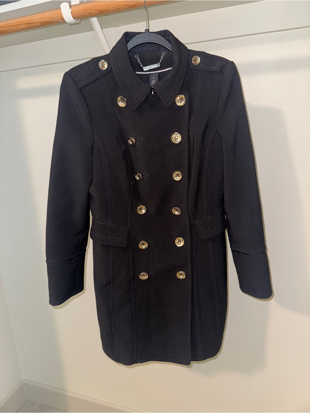 White House Black Market - Black Double-Breasted Trench Coat w/ Gold Buttons, M